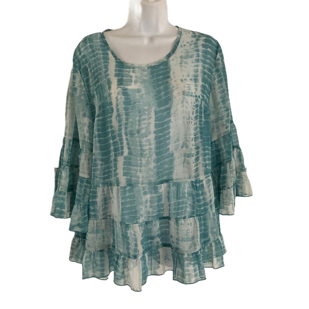 LOGO by Lori Goldstein Chiffon Blouse Womens Size S Agua Peasant Boho Sheer Top